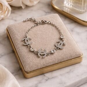 Designer Inspired Rhinestone Charm Bracelet Silver Tone Adjustable Chain Trendy